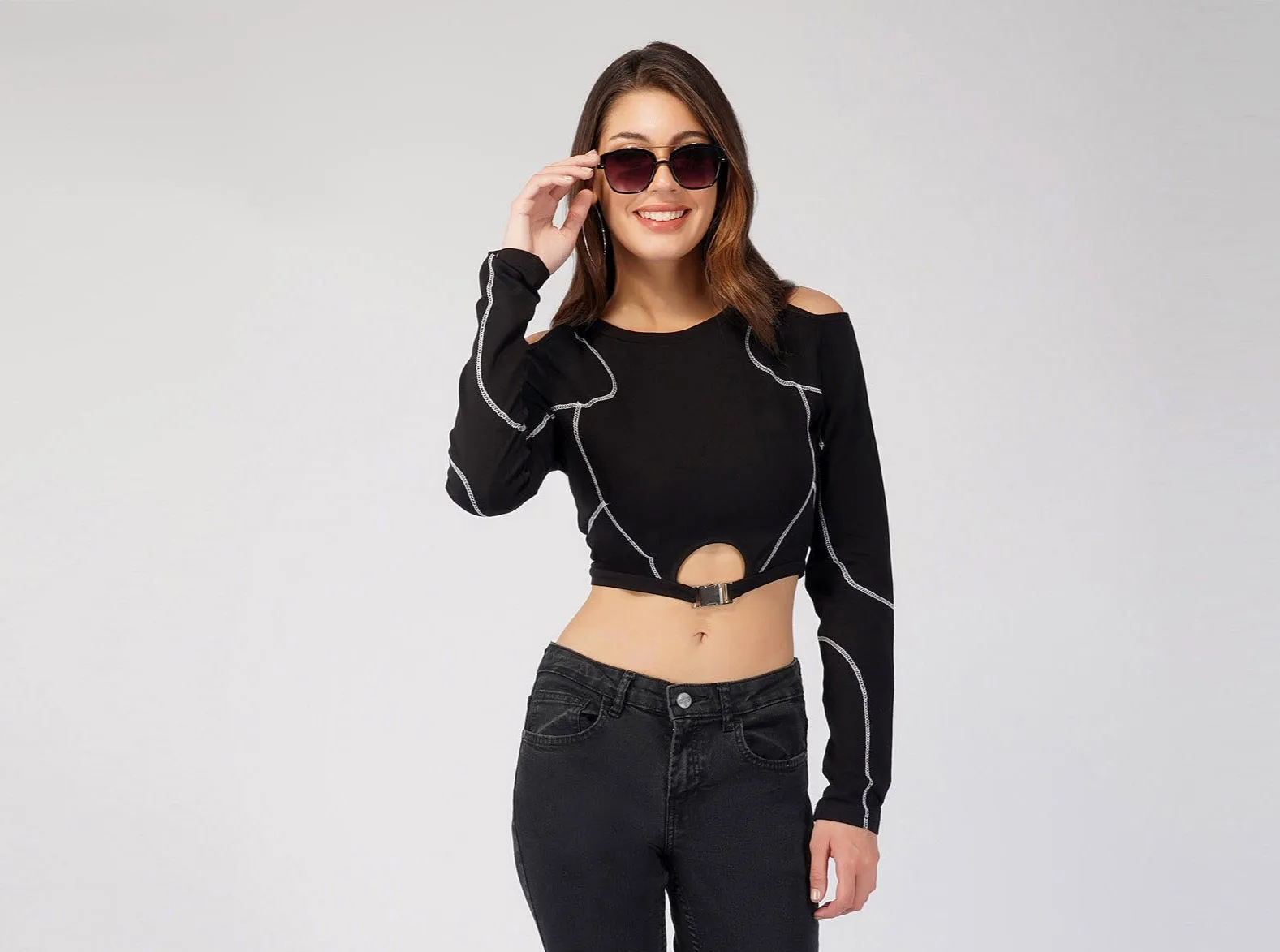 SLAY. Women's Gothic Dark Panelled Full Sleeves Off Shoulder Midriff Crop top