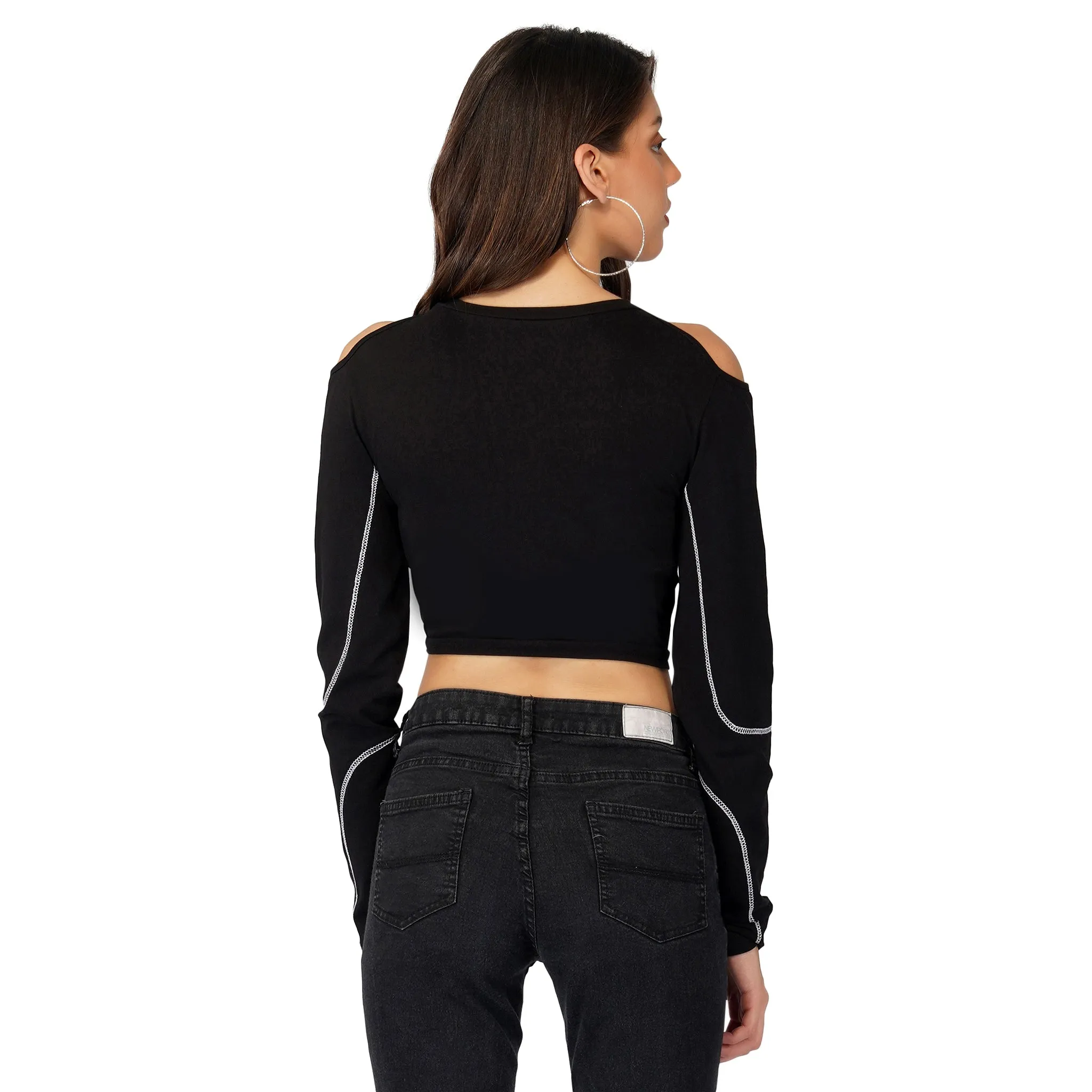 SLAY. Women's Gothic Dark Panelled Full Sleeves Off Shoulder Midriff Crop top