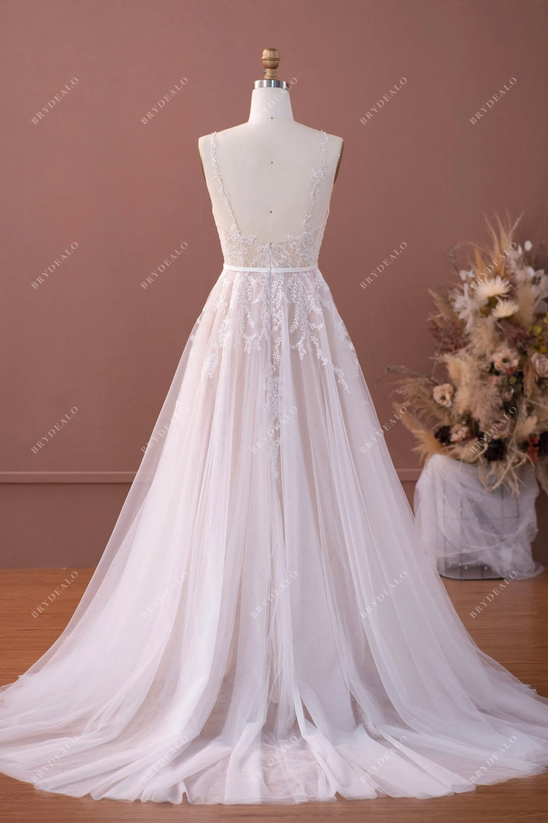 Spaghetti Straps Sweetheart Boho Lace A-line Nude Wedding Dress