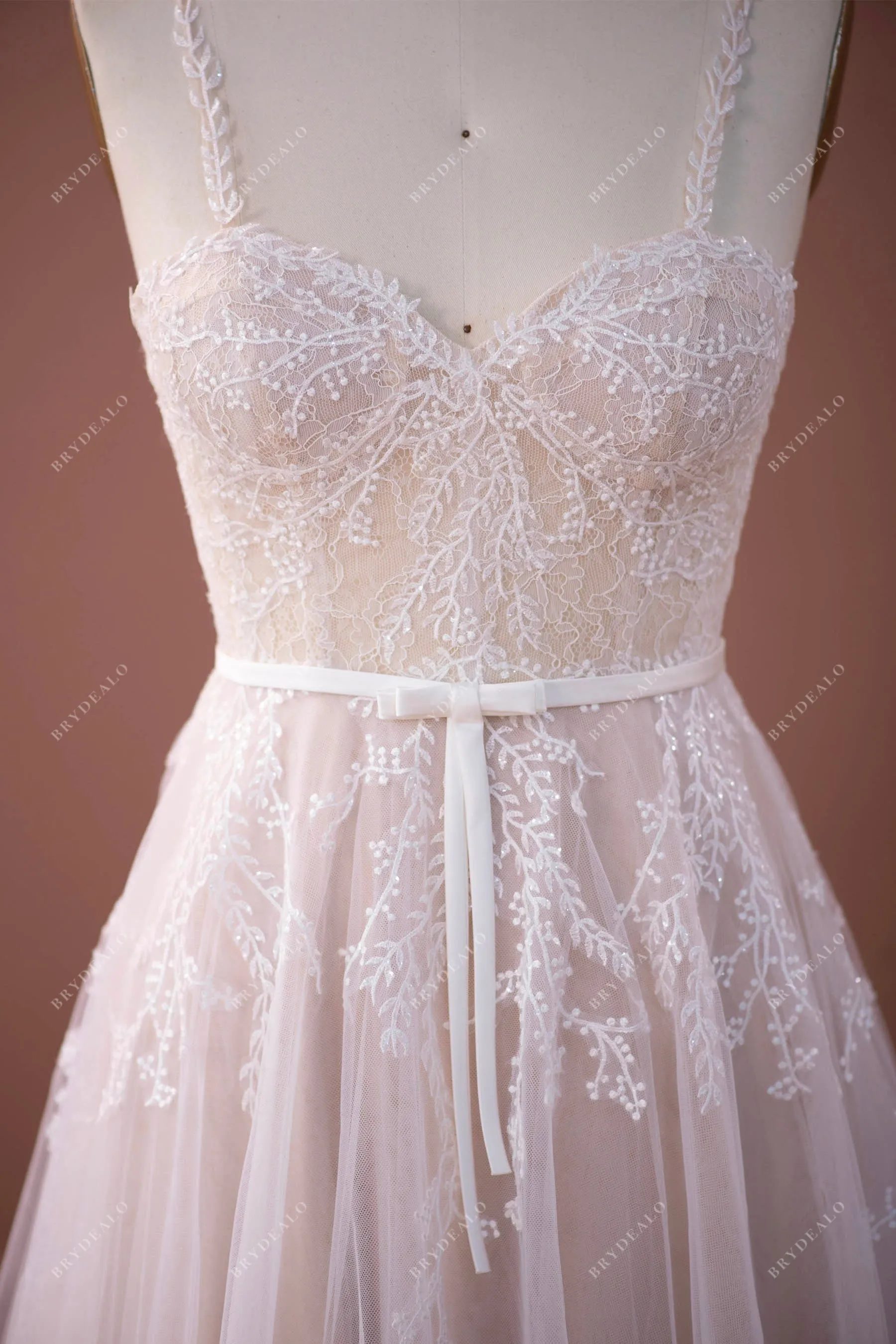 Spaghetti Straps Sweetheart Boho Lace A-line Nude Wedding Dress