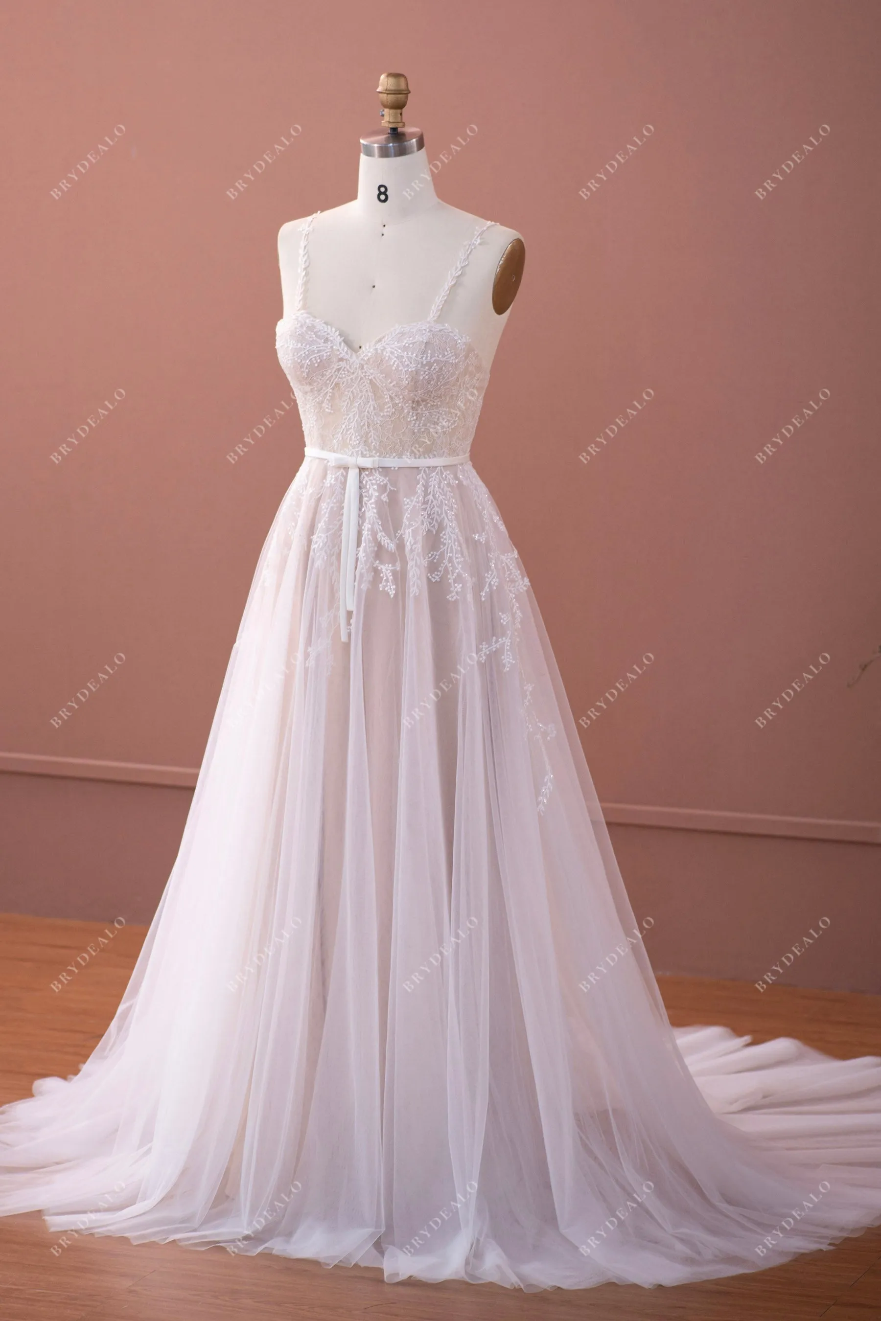 Spaghetti Straps Sweetheart Boho Lace A-line Nude Wedding Dress