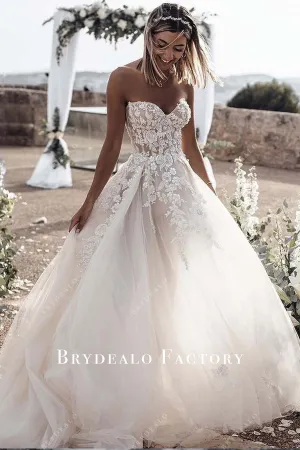 Strapless Sweetheart Neck Lace Corset Tulle Destination Wedding Dress