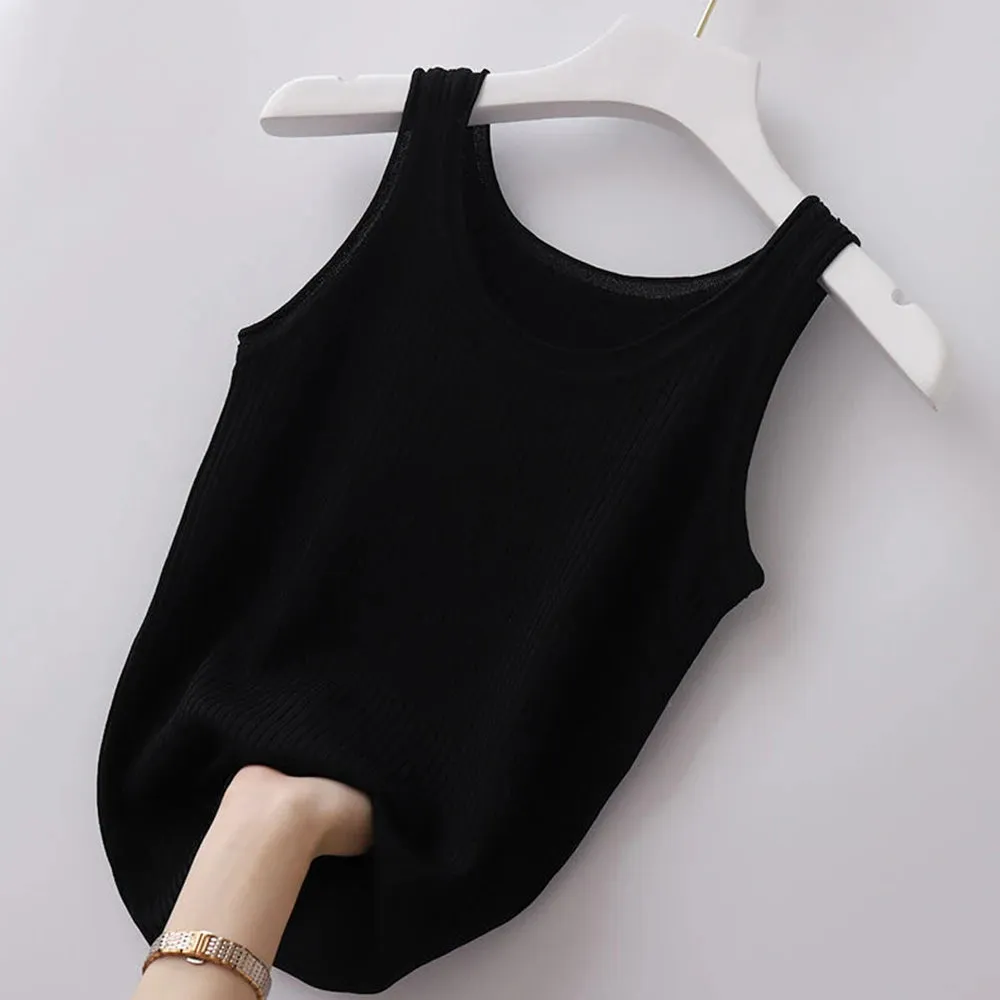 Summer Knit Vest Top Black White T-shirt Women Casual Cropped Strap Sleeveless O Neck Camisole Tank Top Basic Summer Clothes Hot