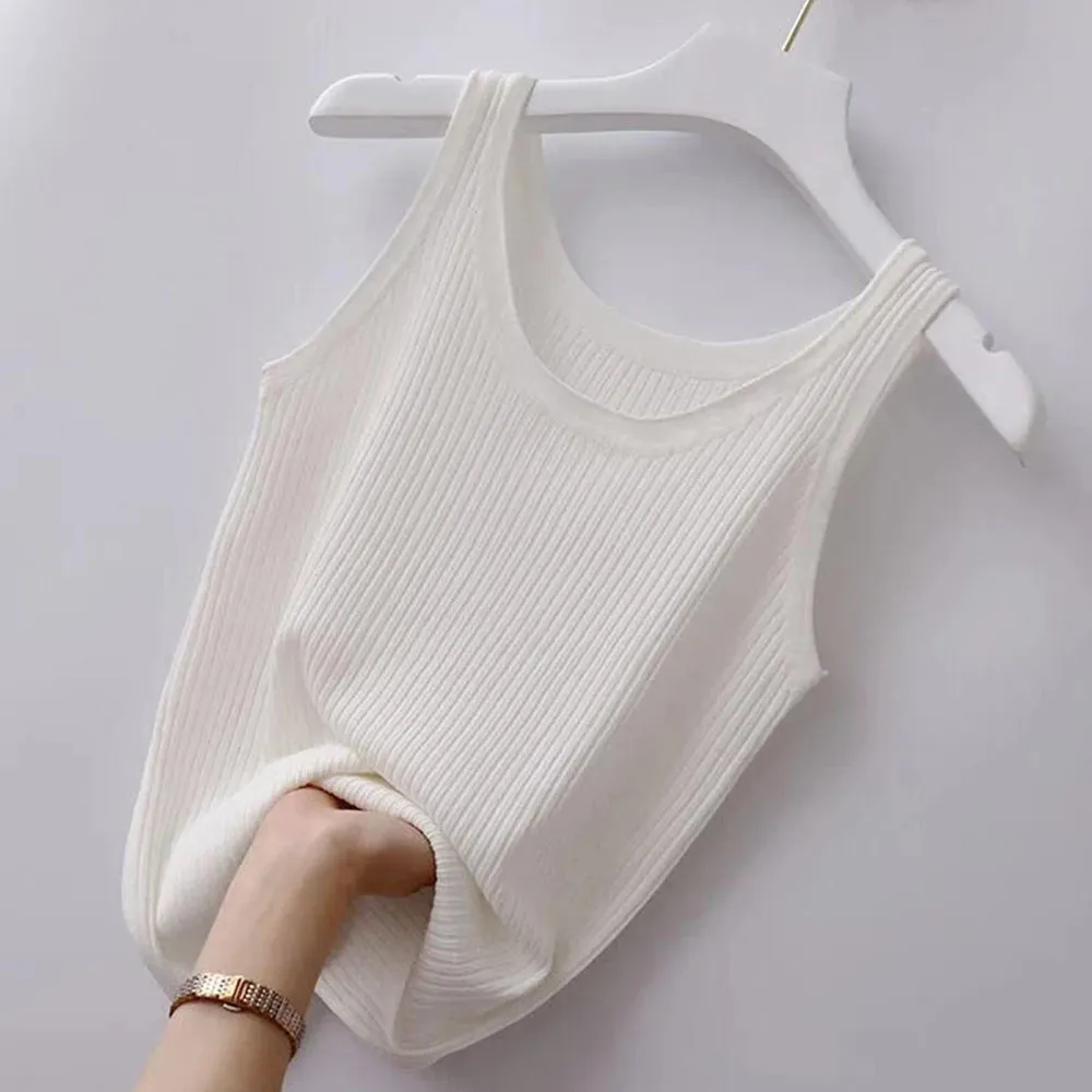 Summer Knit Vest Top Black White T-shirt Women Casual Cropped Strap Sleeveless O Neck Camisole Tank Top Basic Summer Clothes Hot