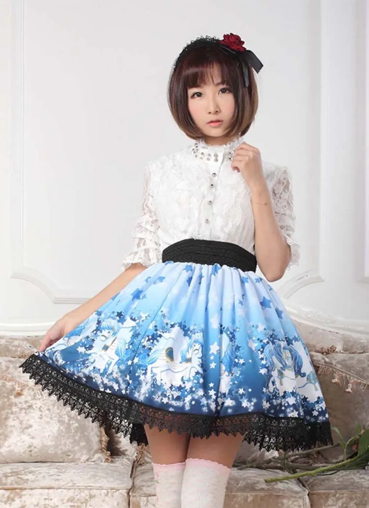 Sweet Deep Blue Star and Pegasus Printed Pleated Lolita Skirt for Lady