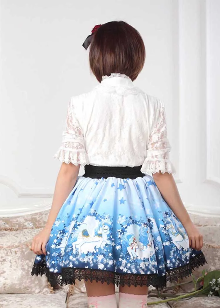 Sweet Deep Blue Star and Pegasus Printed Pleated Lolita Skirt for Lady