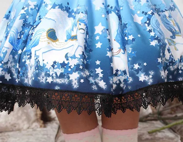 Sweet Deep Blue Star and Pegasus Printed Pleated Lolita Skirt for Lady