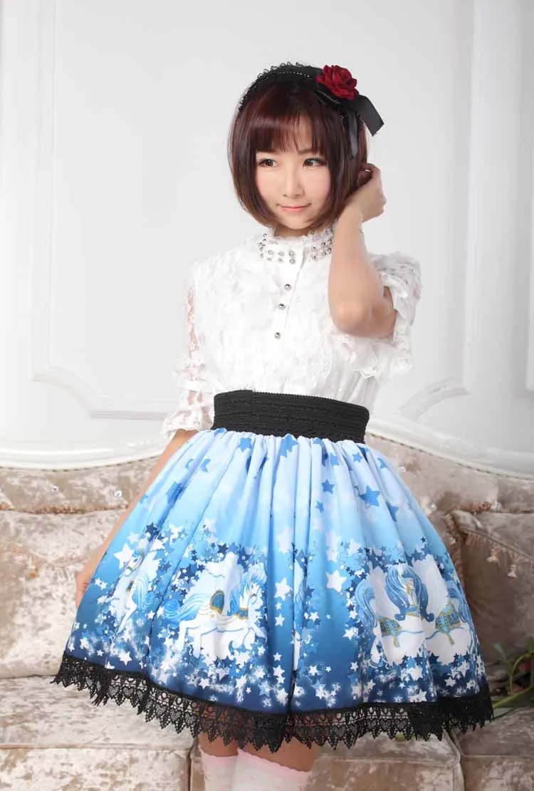 Sweet Deep Blue Star and Pegasus Printed Pleated Lolita Skirt for Lady