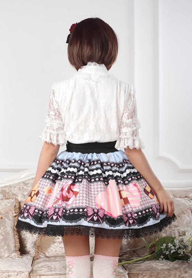 Sweet Original Design Cookies Printed Girl's Pleated Skirt Princess Lolita Lace Skirt for Women