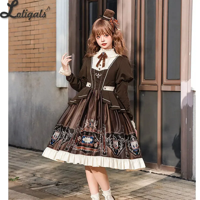 Sweet Preppy Style Lolita Dress Long Sleeve Printed Casual Dress - Chocolate School