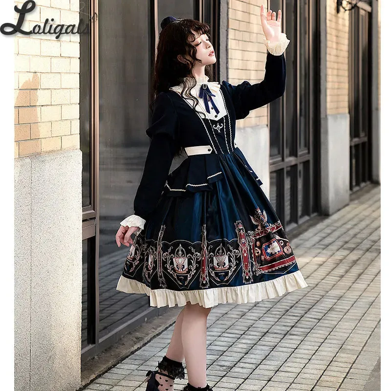 Sweet Preppy Style Lolita Dress Long Sleeve Printed Casual Dress - Chocolate School