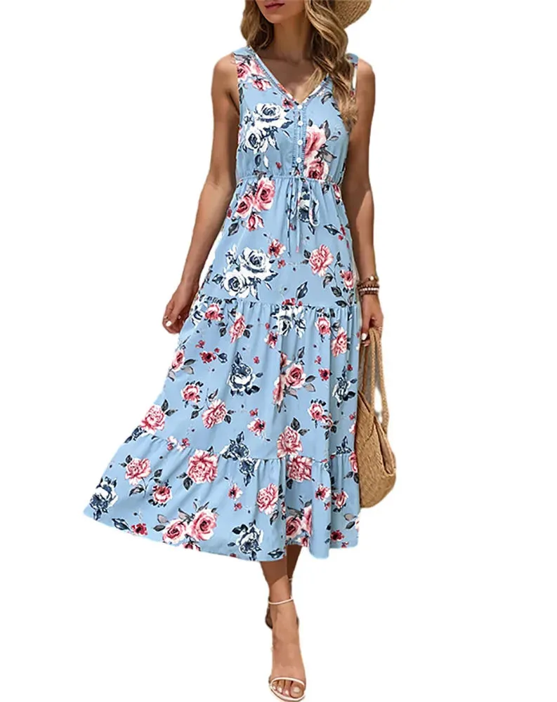 Toleet-Women V Neck Tank Dress Elegant Sleeveless Floral Printing Long Dress Casual Loose Lace-up A-line Skirt