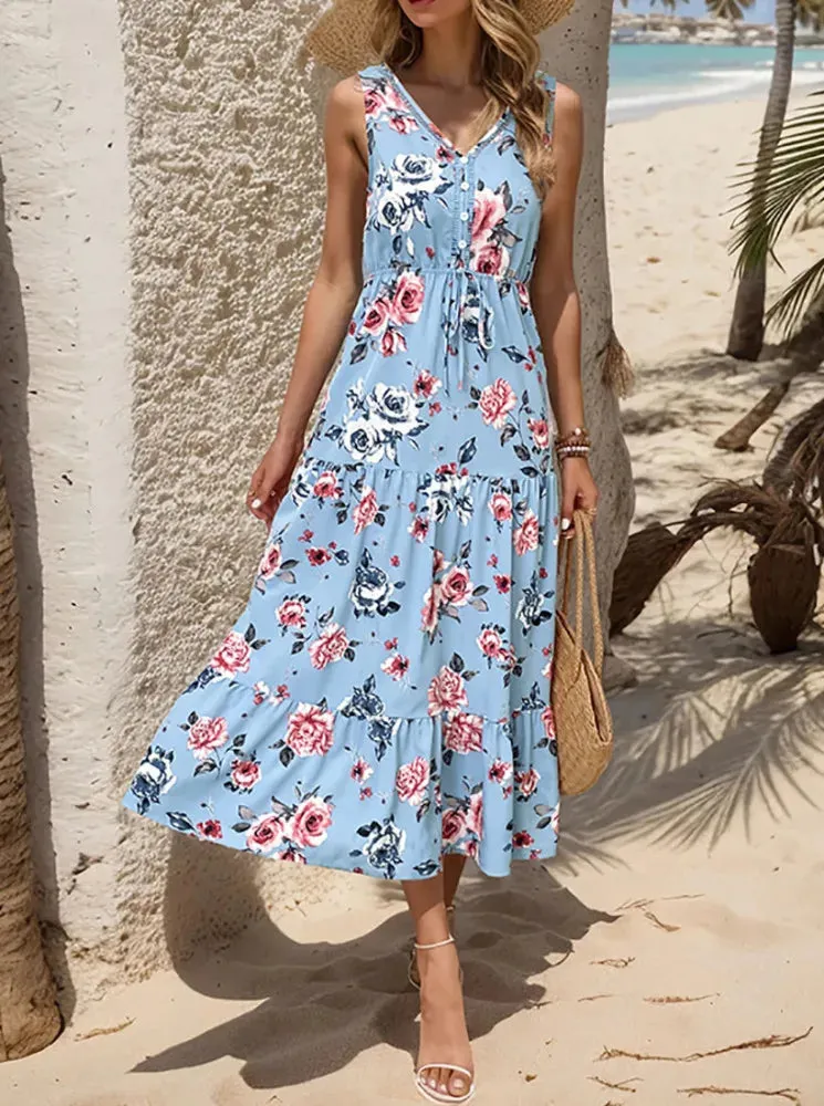 Toleet-Women V Neck Tank Dress Elegant Sleeveless Floral Printing Long Dress Casual Loose Lace-up A-line Skirt