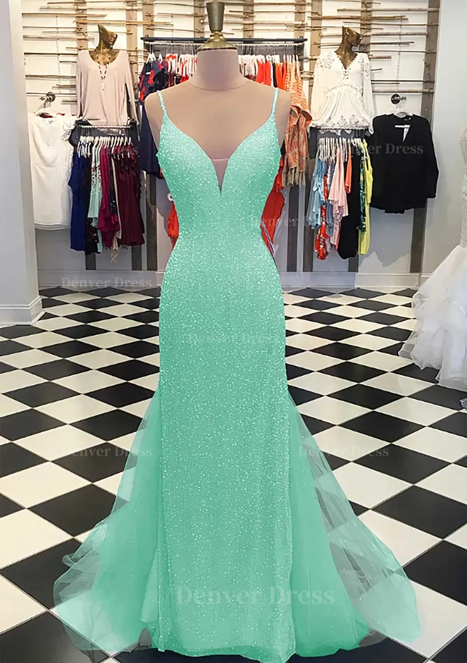 Trumpet/Mermaid V Neck Sleeveless Court Train Lace Tulle Prom Dress