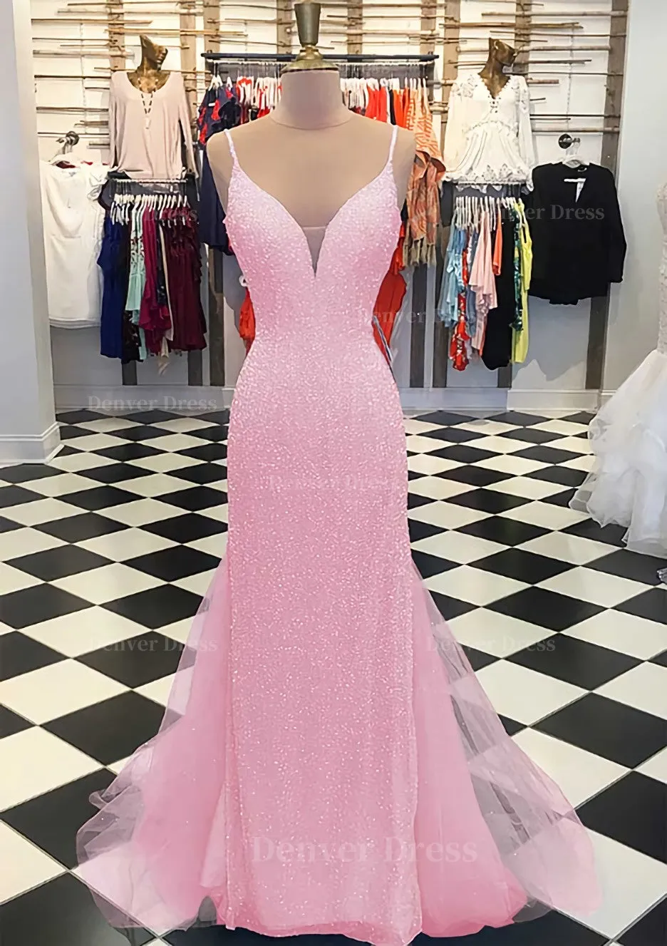 Trumpet/Mermaid V Neck Sleeveless Court Train Lace Tulle Prom Dress