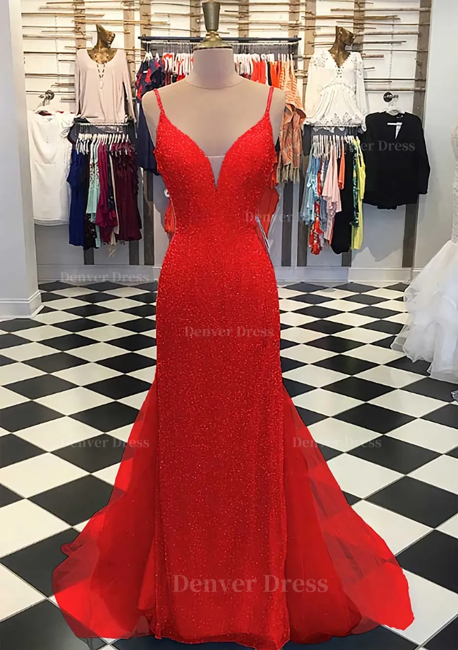 Trumpet/Mermaid V Neck Sleeveless Court Train Lace Tulle Prom Dress