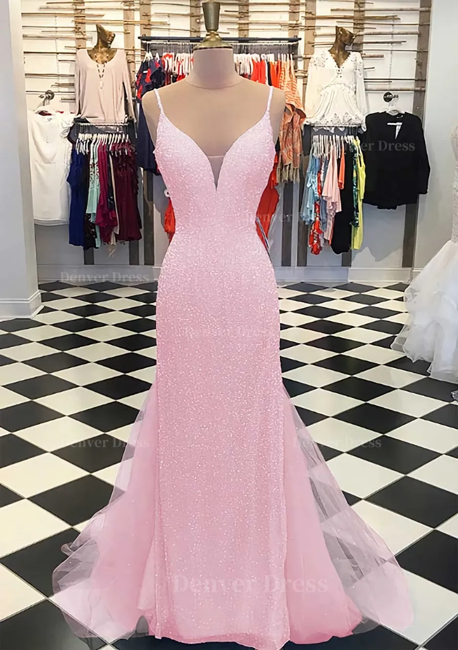 Trumpet/Mermaid V Neck Sleeveless Court Train Lace Tulle Prom Dress