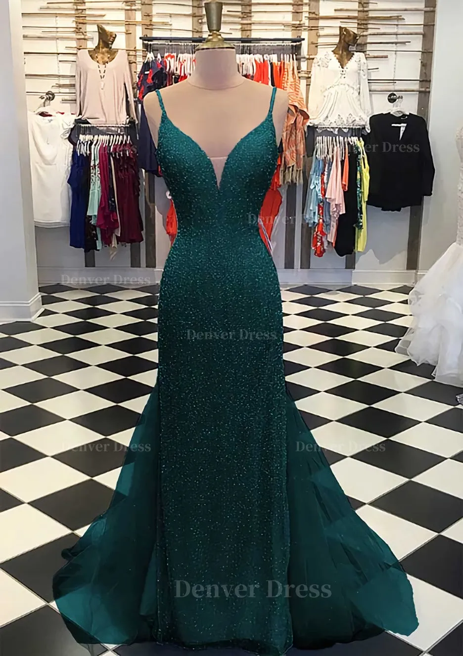 Trumpet/Mermaid V Neck Sleeveless Court Train Lace Tulle Prom Dress