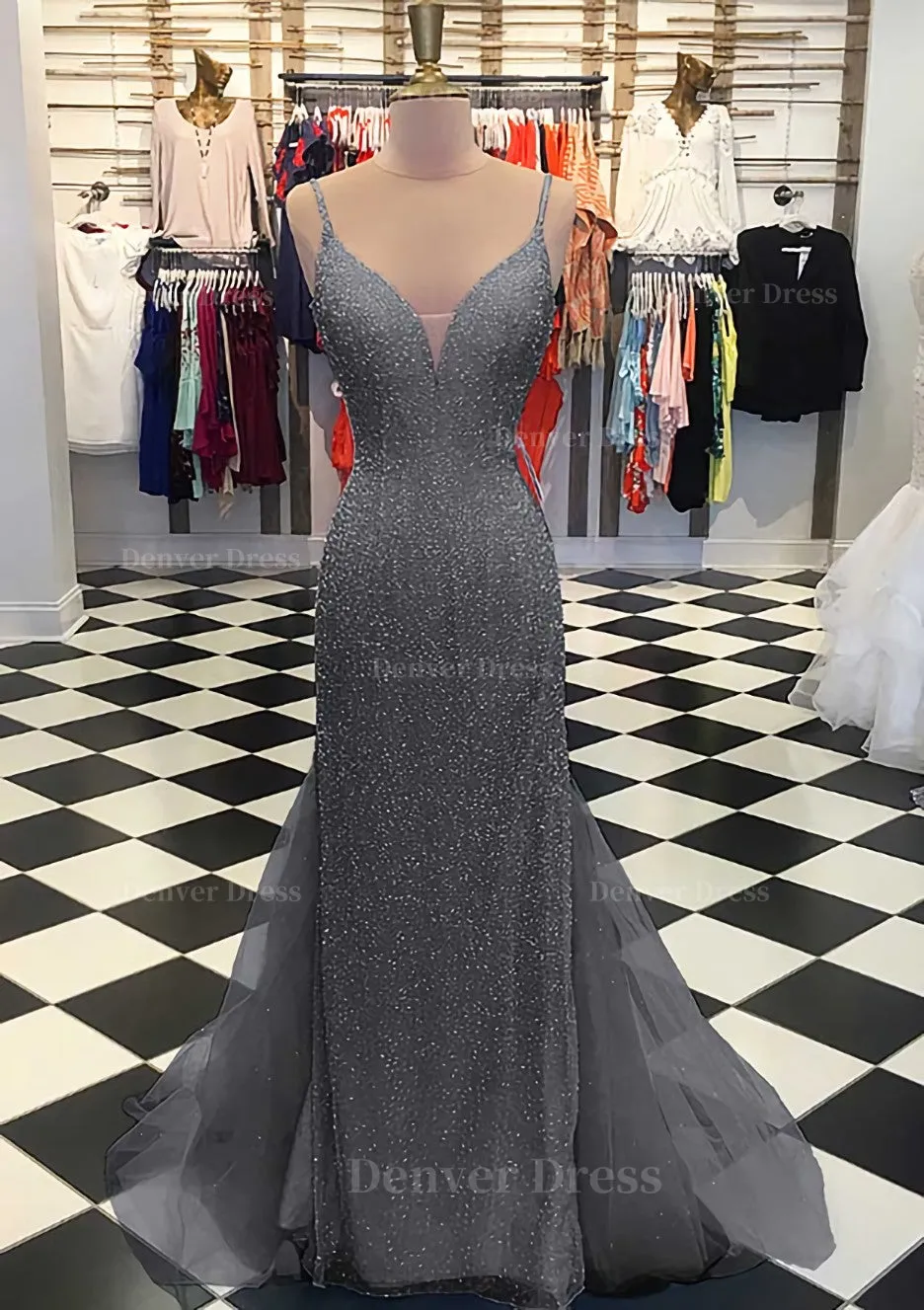 Trumpet/Mermaid V Neck Sleeveless Court Train Lace Tulle Prom Dress