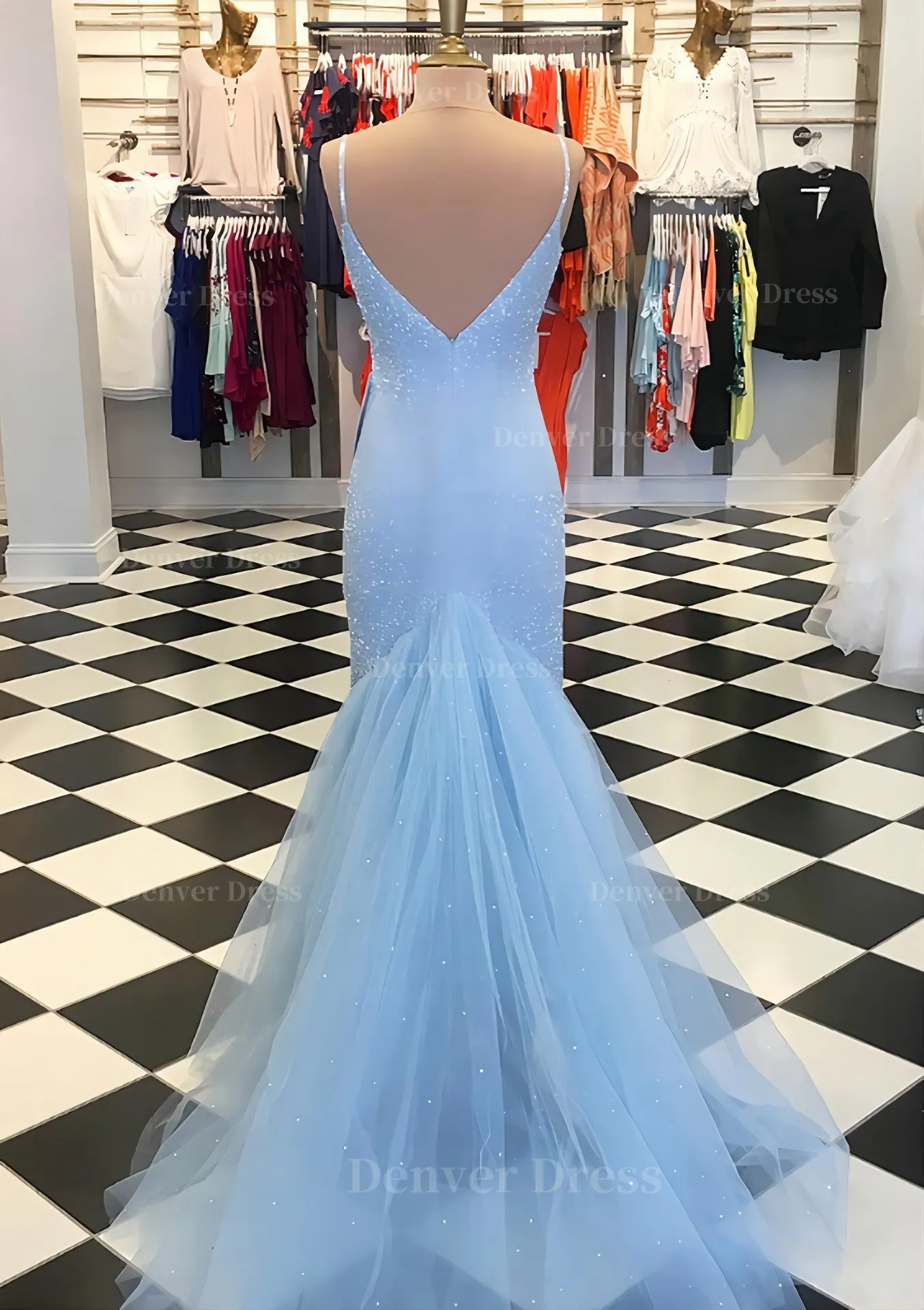 Trumpet/Mermaid V Neck Sleeveless Court Train Lace Tulle Prom Dress