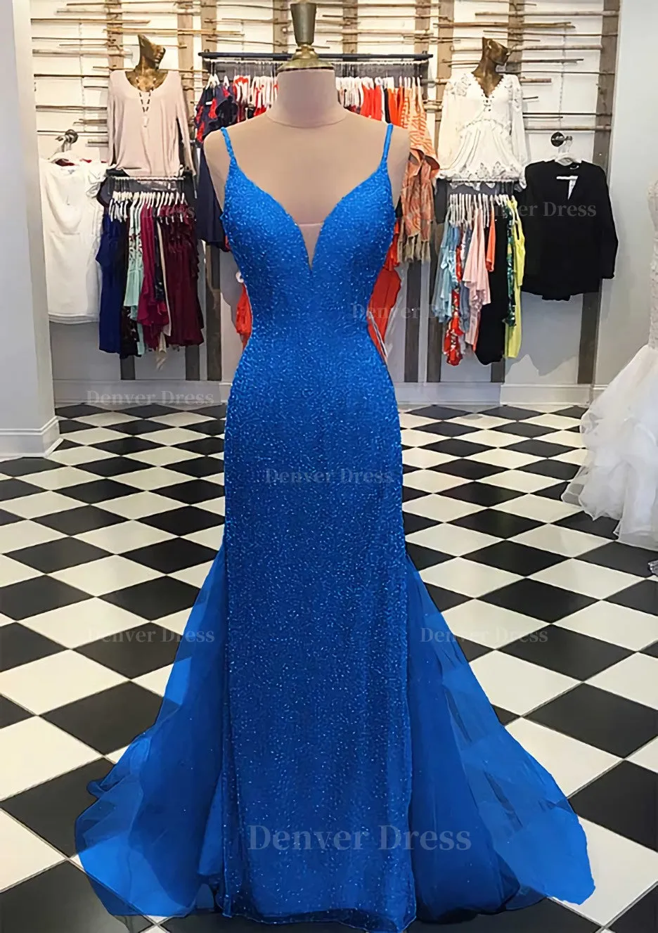 Trumpet/Mermaid V Neck Sleeveless Court Train Lace Tulle Prom Dress