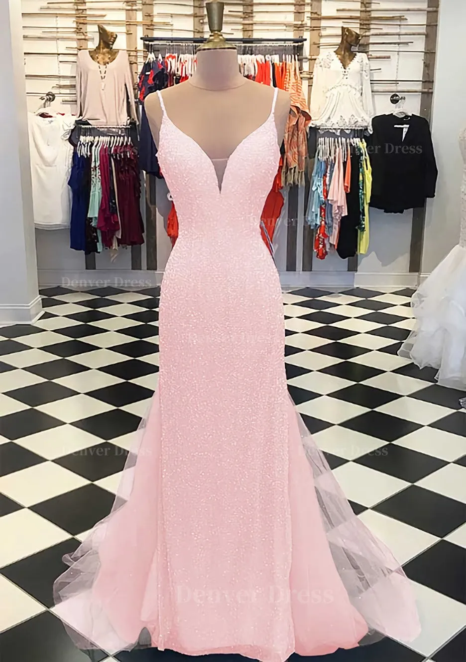 Trumpet/Mermaid V Neck Sleeveless Court Train Lace Tulle Prom Dress