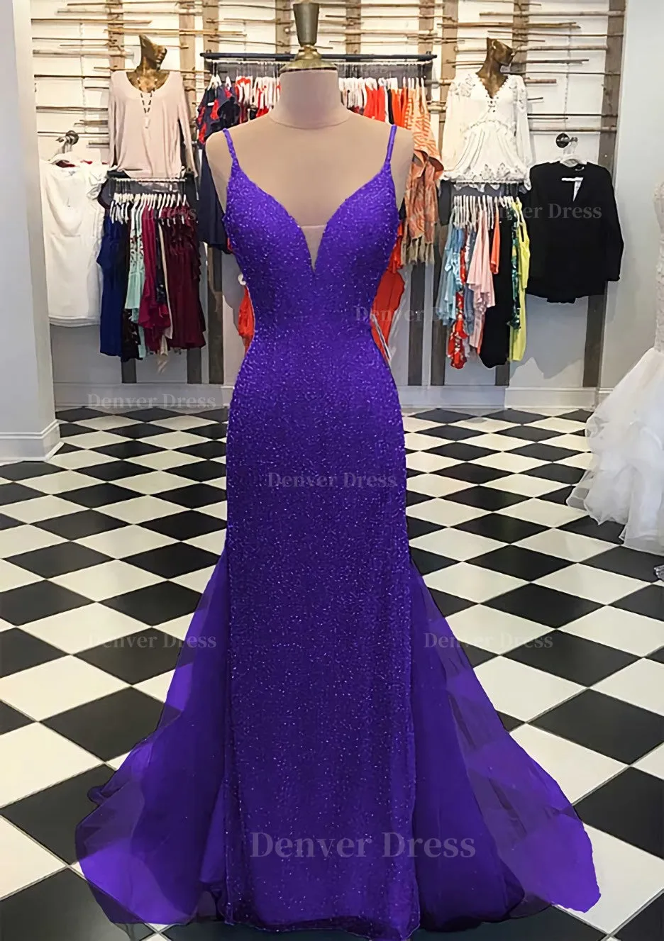 Trumpet/Mermaid V Neck Sleeveless Court Train Lace Tulle Prom Dress