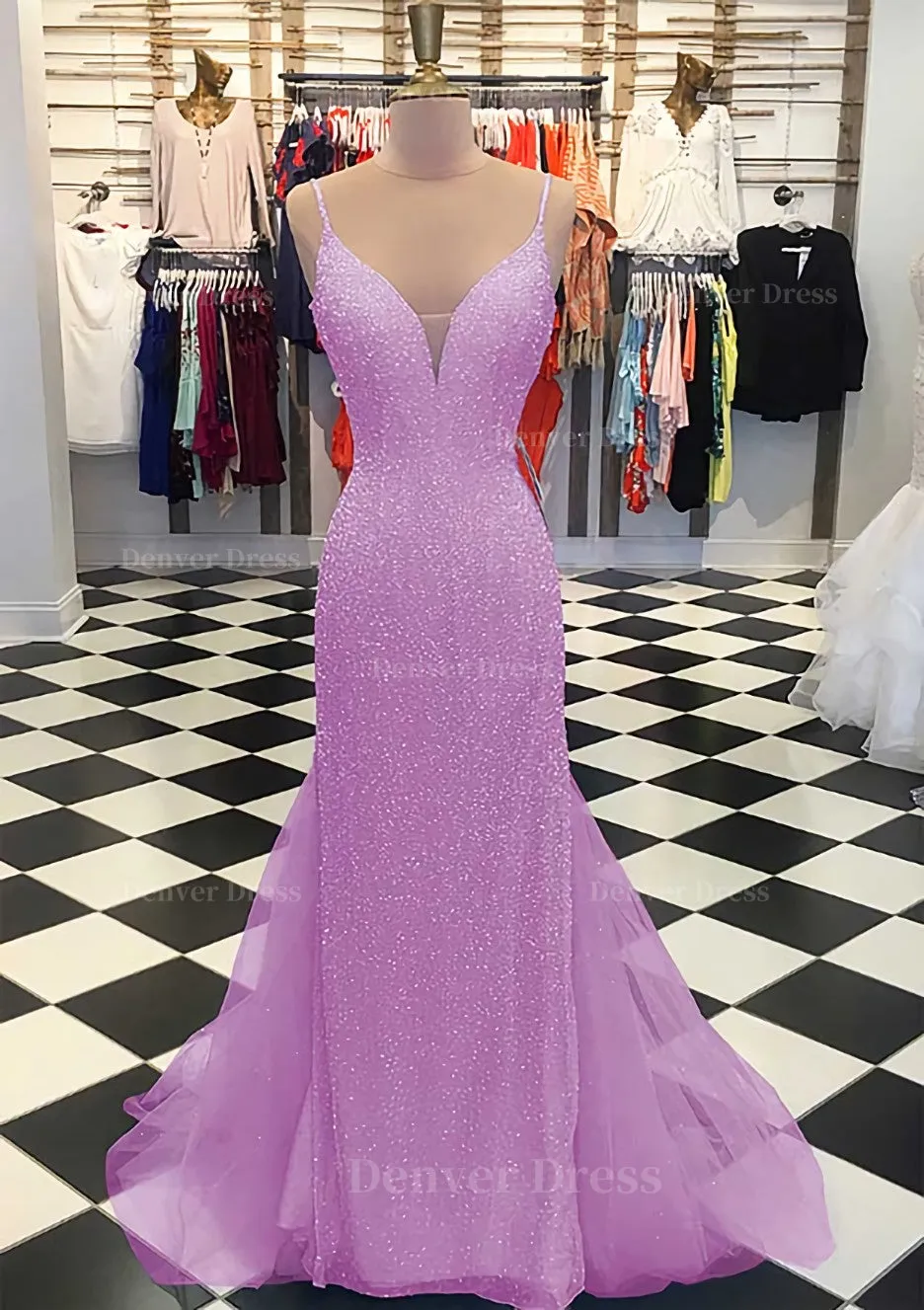 Trumpet/Mermaid V Neck Sleeveless Court Train Lace Tulle Prom Dress