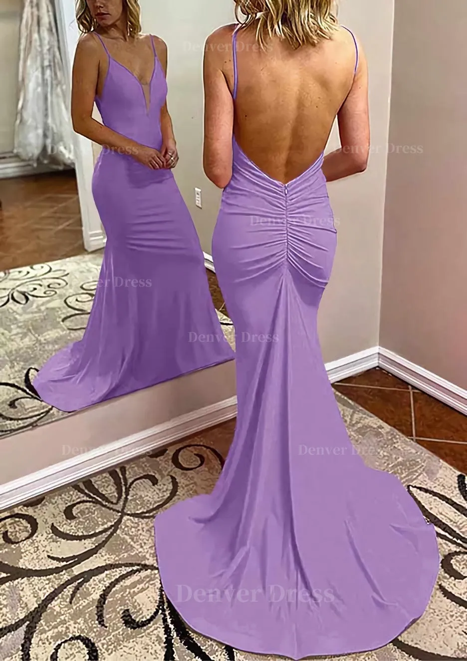 Trumpet/Mermaid V Neck Spaghetti Straps Court Train Jersey Prom Dress With Pleated