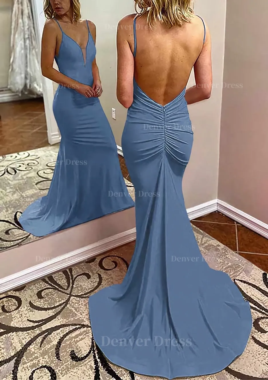 Trumpet/Mermaid V Neck Spaghetti Straps Court Train Jersey Prom Dress With Pleated