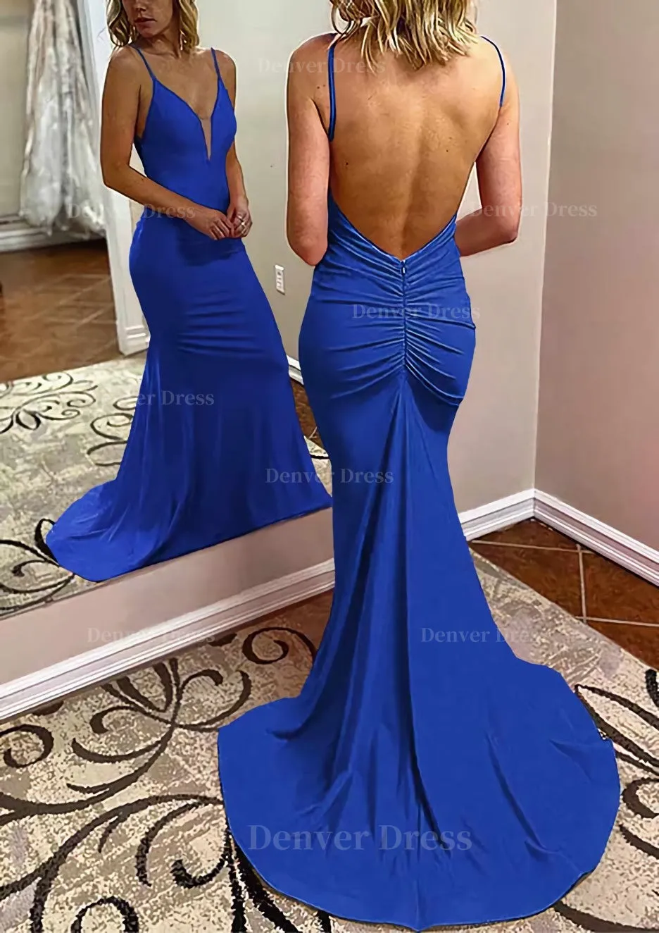 Trumpet/Mermaid V Neck Spaghetti Straps Court Train Jersey Prom Dress With Pleated