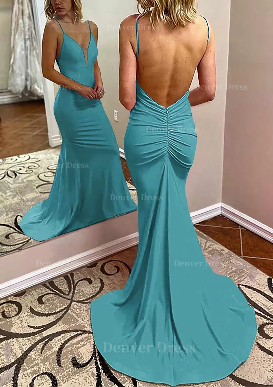 Trumpet/Mermaid V Neck Spaghetti Straps Court Train Jersey Prom Dress With Pleated