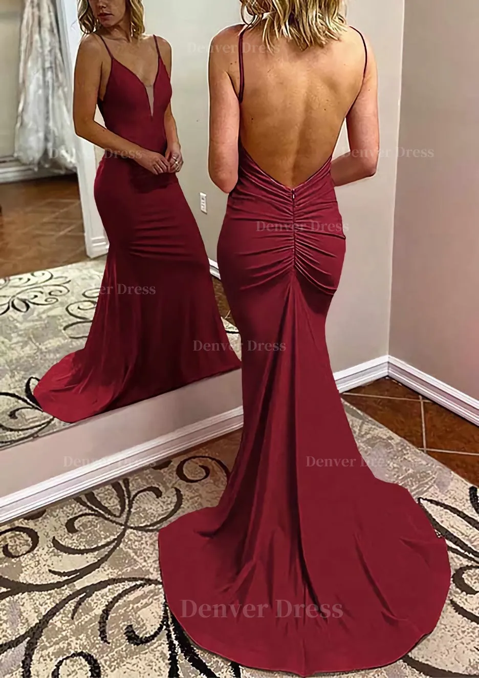 Trumpet/Mermaid V Neck Spaghetti Straps Court Train Jersey Prom Dress With Pleated