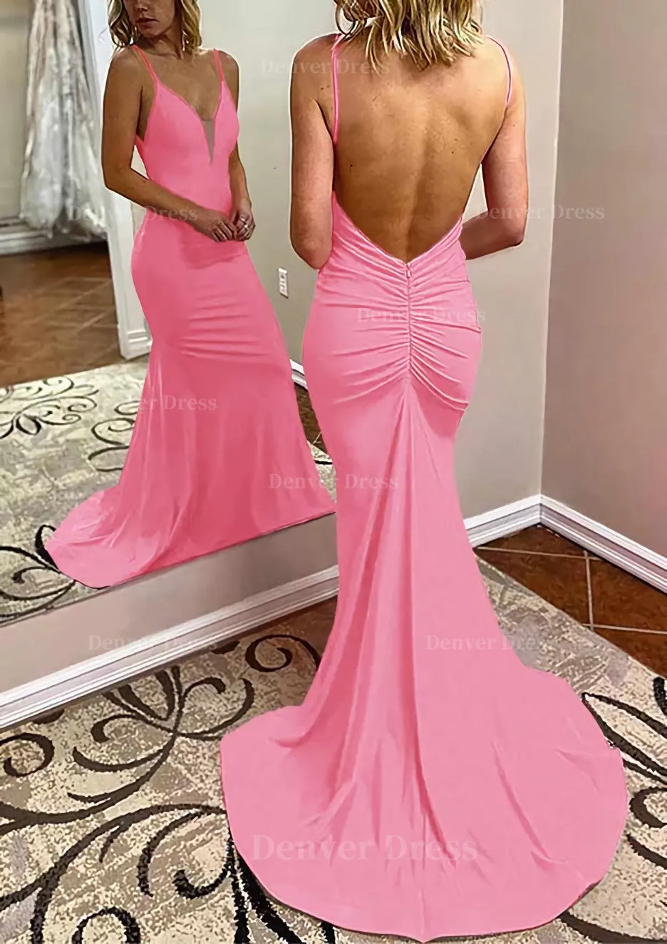 Trumpet/Mermaid V Neck Spaghetti Straps Court Train Jersey Prom Dress With Pleated