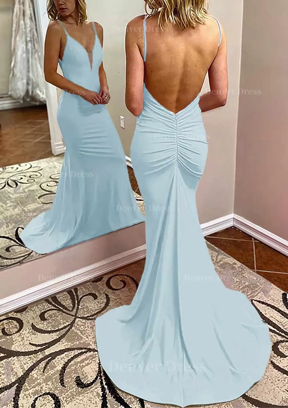 Trumpet/Mermaid V Neck Spaghetti Straps Court Train Jersey Prom Dress With Pleated