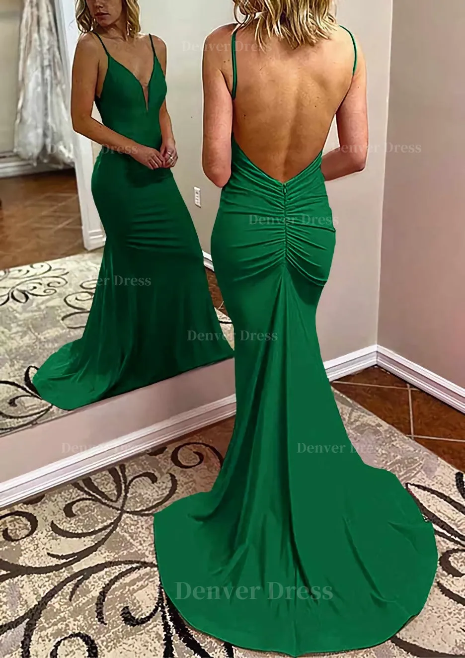 Trumpet/Mermaid V Neck Spaghetti Straps Court Train Jersey Prom Dress With Pleated