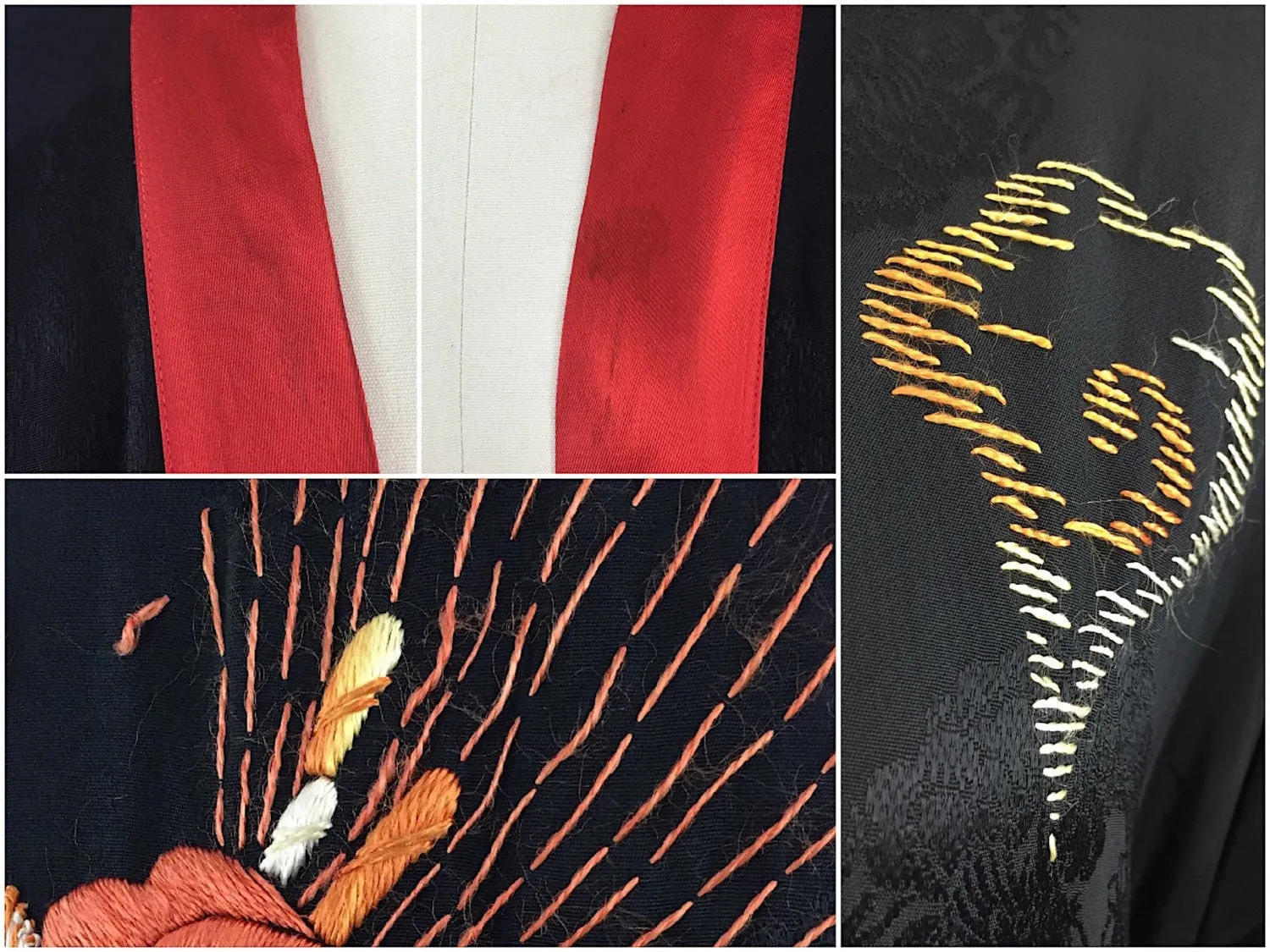 Vintage 1930s-40s Silk Robe / Embroidered Dragon / Black and Red Satin