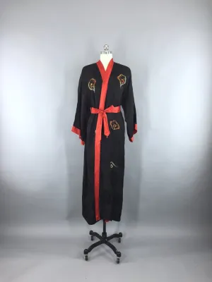 Vintage 1930s-40s Silk Robe / Embroidered Dragon / Black and Red Satin