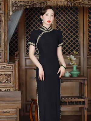 Vintage Elegant Black Long Cheongsam Dress with Lace Trim