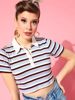 Women Blue Multi Striped Crop Polo T-Shirt