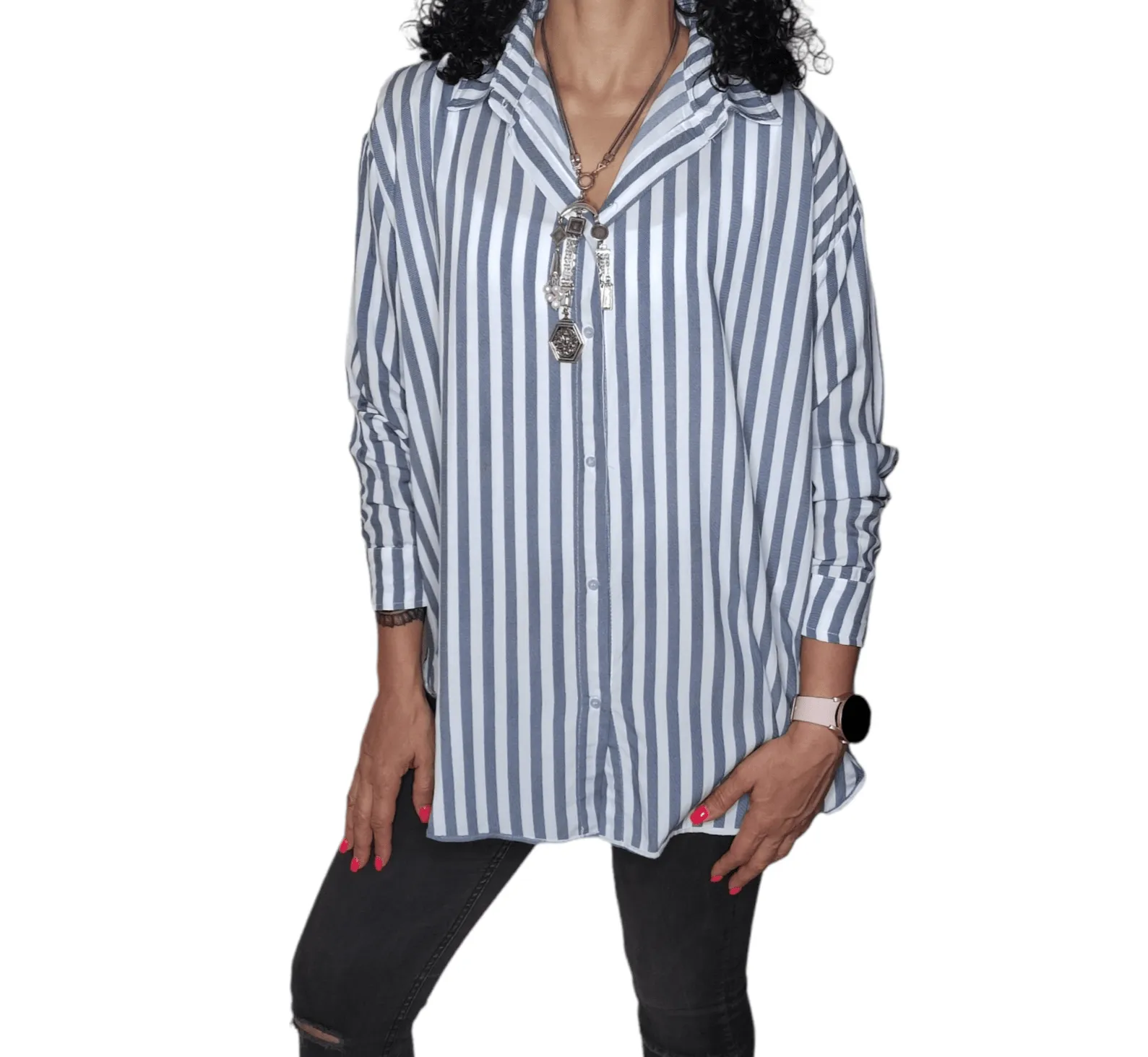 Women Chemise (One-Size) - Stripped - Jeans Blue