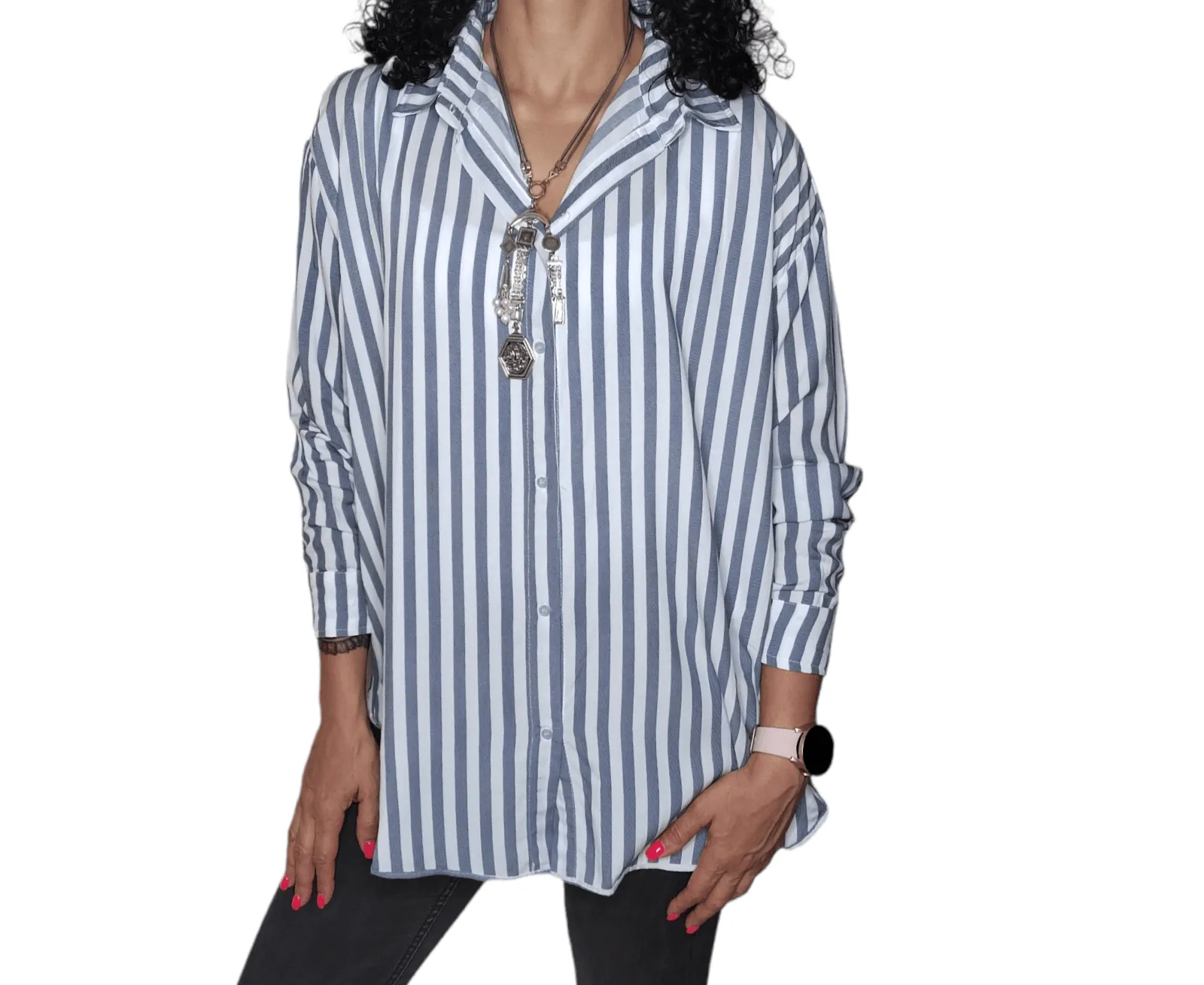 Women Chemise (One-Size) - Stripped - Jeans Blue