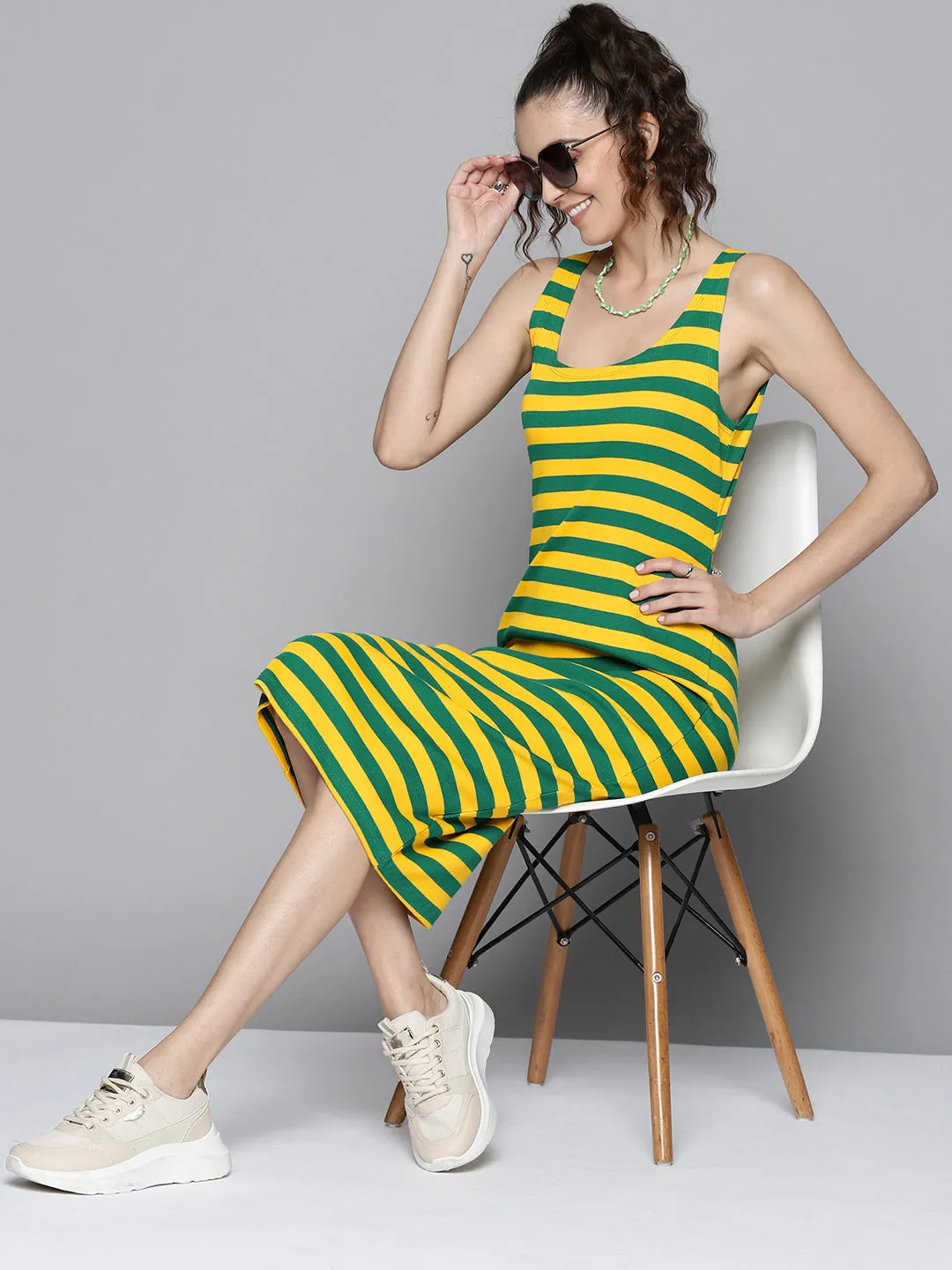 Women Green & Yellow Rib Back Cut Out Bodycon Dress