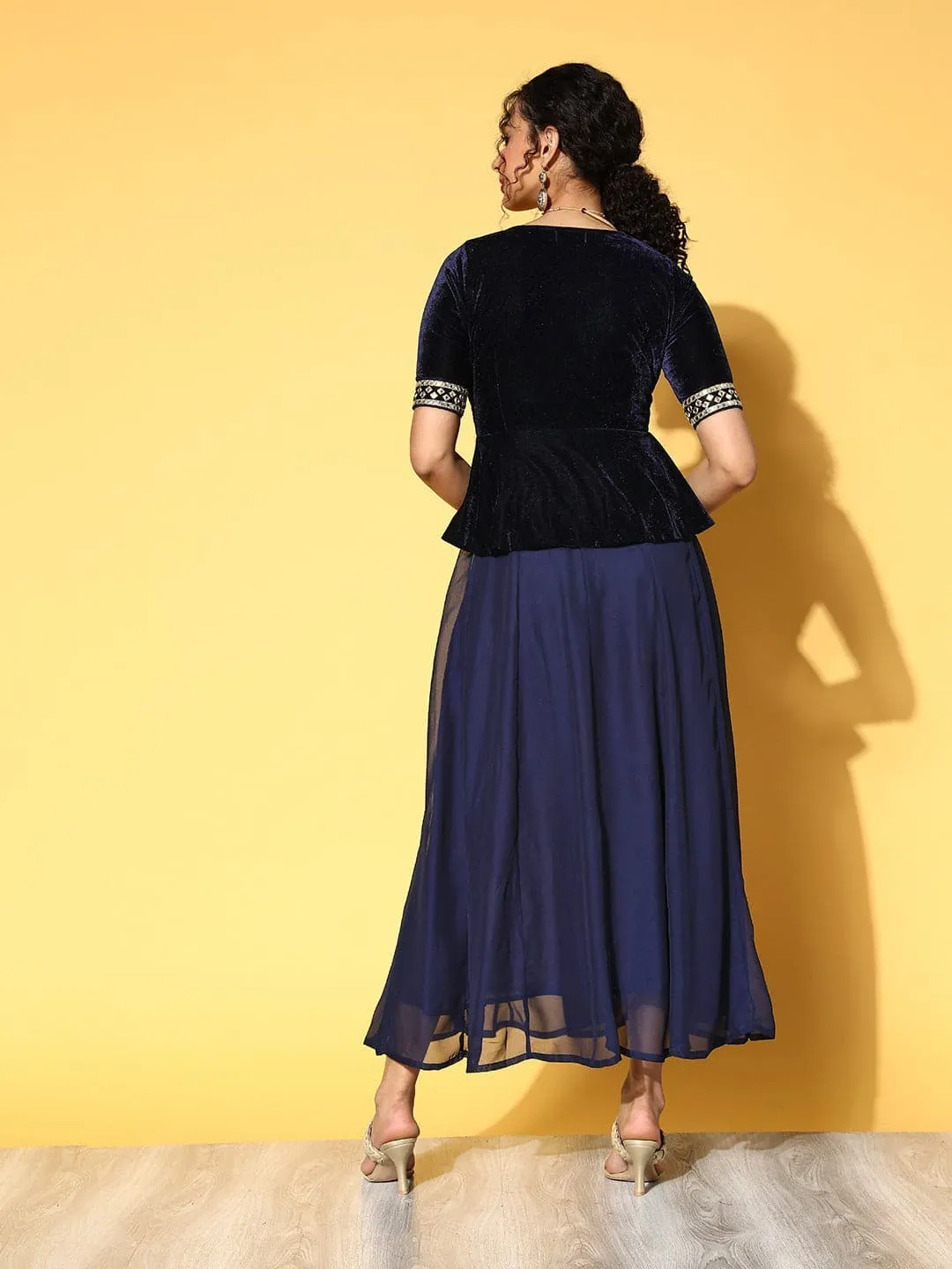 Women Navy Embroidered Peplum Anarkali Maxi Dress