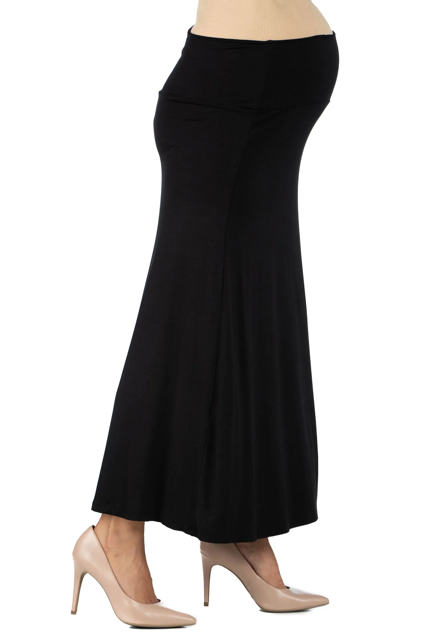 Womens Elastic Waist Solid Color Maternity Maxi Skirt