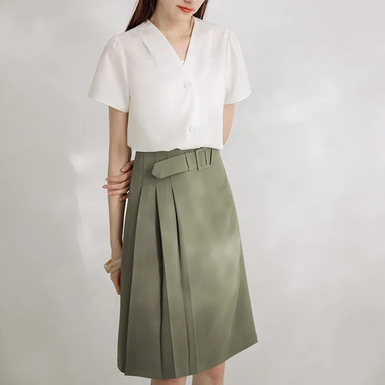 Work Buckle Belt Pleated A-Line Skirt