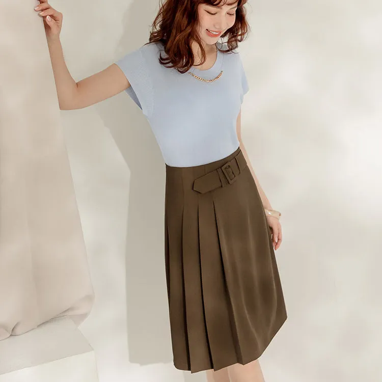 Work Buckle Belt Pleated A-Line Skirt