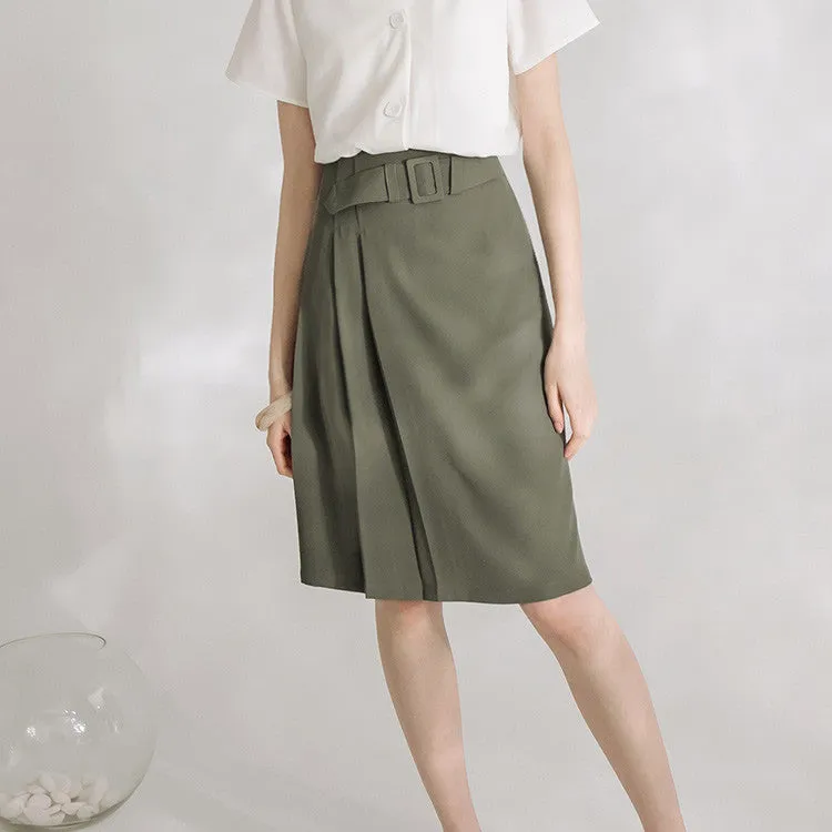 Work Buckle Belt Pleated A-Line Skirt