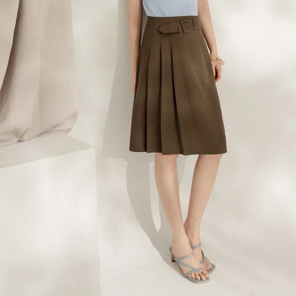 Work Buckle Belt Pleated A-Line Skirt