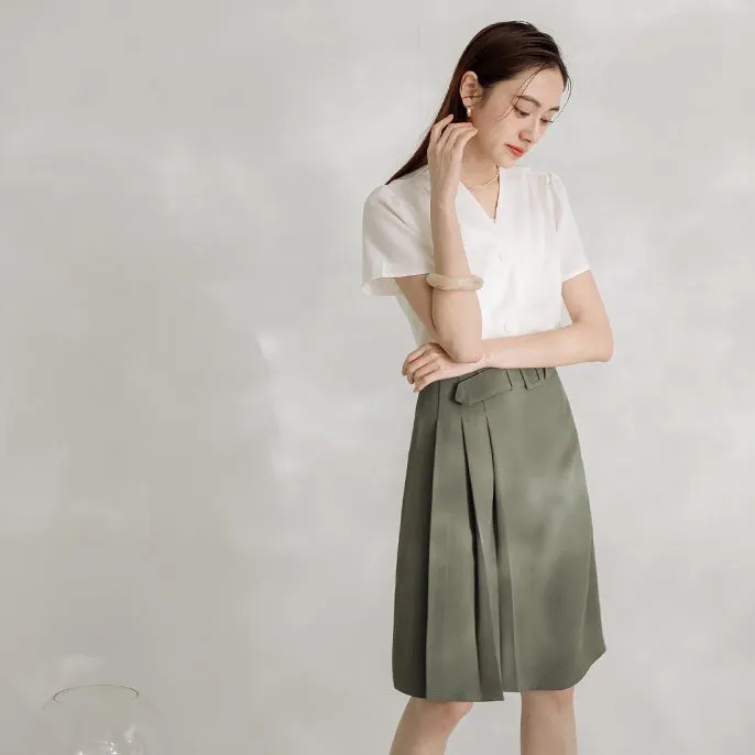 Work Buckle Belt Pleated A-Line Skirt